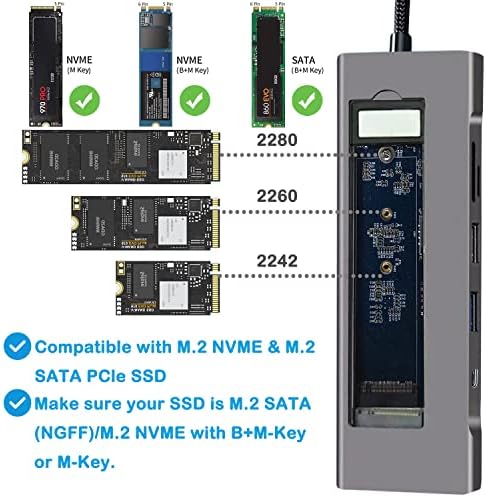 GKI 8-во-1 USB C Центар Со M. 2 NVMe/SATA SSD Комплет со 1 * 4K HDMI, 1*USB C 3.1,USB 3.0, USB 2.0, SD/Micro SD Картичка Слотови, 100w PD