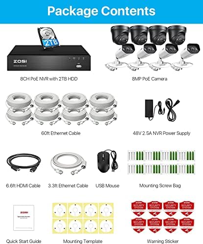 Zosi 4K Spotlight PoE Camera Camera со 2TB HDD, 8PCS 4K жичен затворен отворен POE IP камери со двонасочна аудио, 8 пристаништа 16CH 8MP