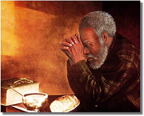 Афроамериканец црнец се моли на трпезариска маса дневно леб религиозен wallид слика врамена 8 x 10 уметнички принт