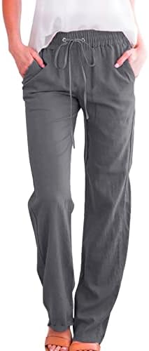 Памучни Ленени Панталони За Жени Секојдневни Летни Панталони Со Џебови Широки Врвки За Влечење Чисти Еластични Удобни Панталони За