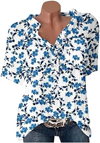 Женски цветни памучни постелнини врвови лето моден краток ракав копче нагоре против кошули со вратот плус големина обични лабави