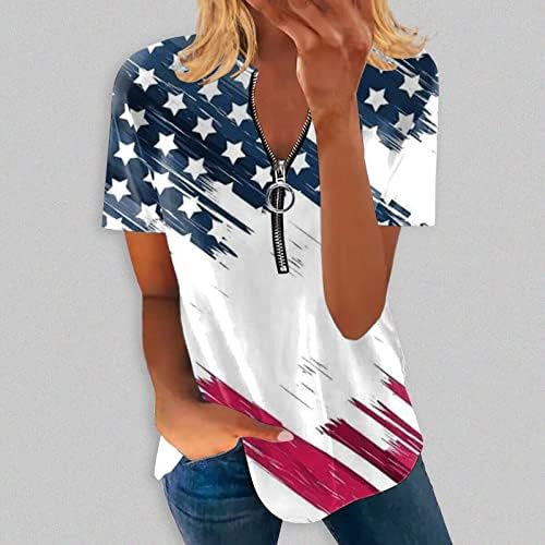 2023 година женска американска кошула со знаме половина поштеди на блузи за жени модни кратки ракави патриотски маици облечени обични врвови
