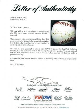 Били Мартин потпиша официјална Ал бејзбол рака насликана PSA Coa LOA Autograph - Автограм безбол