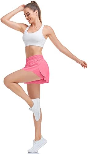Womenените проточни шорцеви 2 во 1 здолниште од пеперутка со џеб за теретана атлетска тренингот