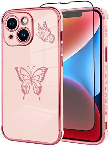 Tjkings Компатибилен со Iphone 14 Плус Обложување Случај Со Заштитник На Екранот, Пеперутка Галванизиран Назад Целосна Заштита На Камерата