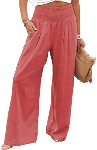 Женски памучни постелнини панталони еластични високи половини лабави широки панталони со нозе обични плажа спортски јога салон за пантоло