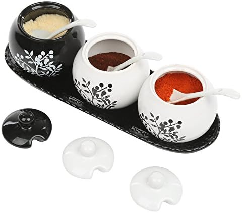 4-парчиња керамички керамички црни и бели цветни кондиментирани садови со лажици, садови за зачини со зачини од 7 оз