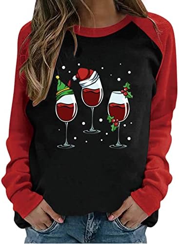 Нархбг Божиќни врвови за жени тоа е најмногу вино за џемпери, смешна буква за печатење на пулвер во боја блок графички кошули