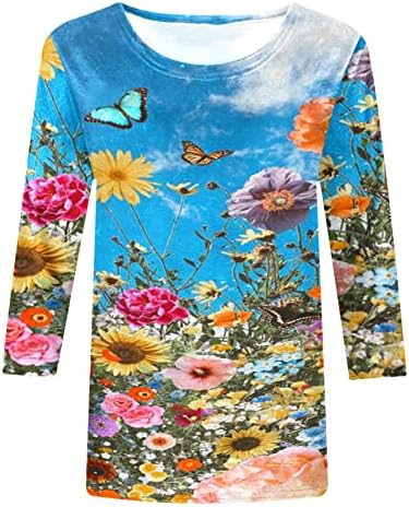 Блуза мета за жени есенска летна облека трендовски 3/4 ракав екипаж памук памук графички лабав вклопување опуштено вклопување