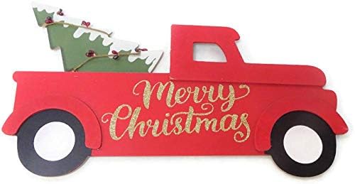 Среќен Божиќен црвен камион гроздобер декор дрво знак од влезна врата wallид домашна канцеларија