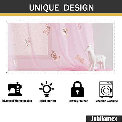 Jubilantex Пинк Пеперутка Чиста Завеси Злато Печатење Завеси За Бебе Девојки Расадник, Детска Спална Соба 84 Инчен Долго Дете Постелнина