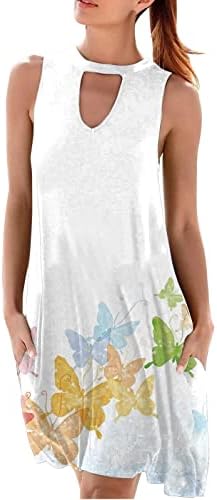 Летни обични маички фустани за жени модни ладно рамо без ракави, шупливи џебови за печатење, покритие на плажа на плажа на плажа