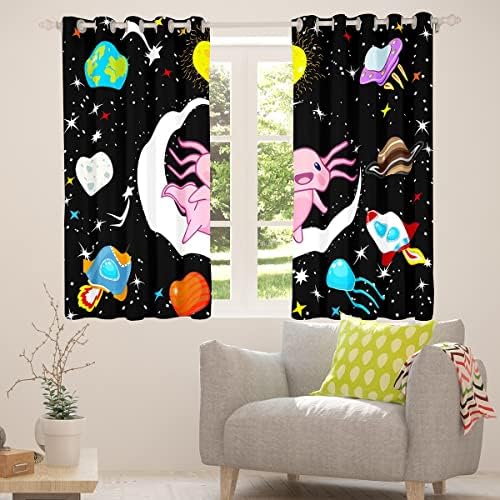 Windowзебридални Деца Аксолотл Прозорец Завеси 52 Wx84 L Симпатична Axolotl Ѕвезда Месечината Завеси Простор Планета Ракета Прозорец Завеси За