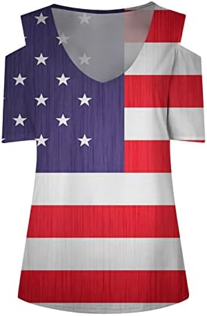Денот на независноста на жената на Лмдудан, ладно рамо врвови лето лабава V вратот патриотски маички блуза 4 јули американски кошули со знаме