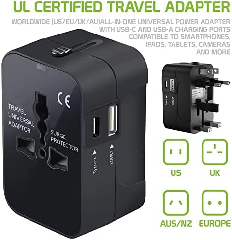 Travel USB Plus Меѓународен адаптер за напојување компатибилен со Sony G3221 за светска моќ за 3 уреди USB TypeC, USB-A за патување помеѓу