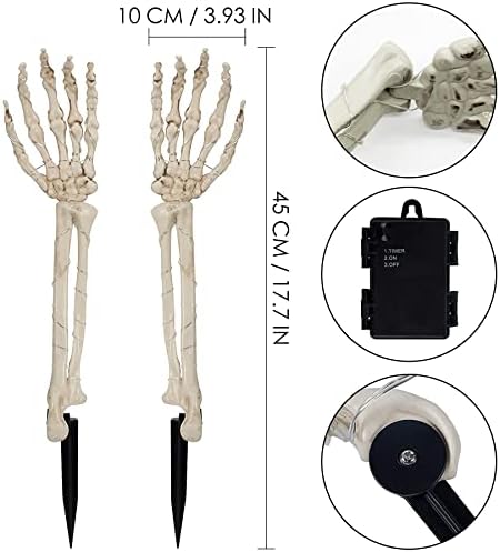 2 пакувања Декорации за осветлени скелети за Ноќта на вештерки Реални 18 инчи череп раце со рака со топли бели LED светла, осветли фестивалски