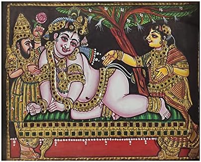Егзотична Индија 12 x 10 Наванета Кришна Танјоре Сликање | Традиционални бои со 24к злато | Рамка од тиково дрво | G