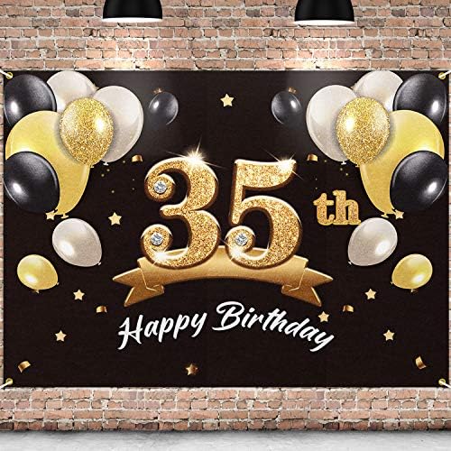Пакбум Среќен 35-Ти Роденден Банер Позадина - 35 Декорации За Роденденски Забави За Мажи-Црно Злато 4 х 6фт