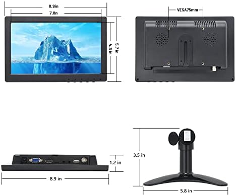 Осили мал монитор 9 инчи: 1024x600 Преносен мини екран за поддршка HDMI/VGA/USB/BNC влез со заграда и далечински управувач, вграден