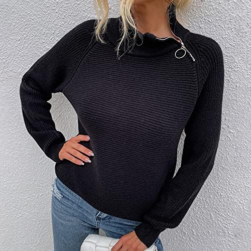 Џемпери за жени паѓаат бујни плетени долги ракави пулвер џемпер цврста боја случајна тешка патент на патент на врвови црно црно