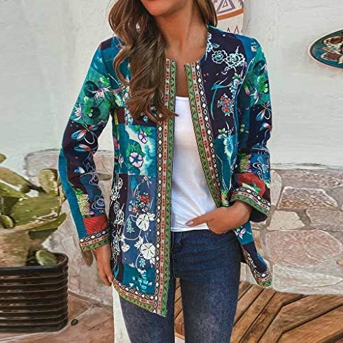 Uofoco јакни за жени гроздобер плус големина етнички стил цветен принт памук памук со долг ракав
