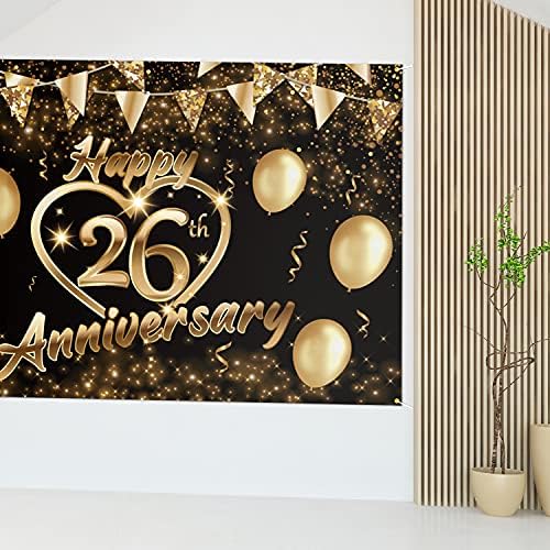 5665 Среќна 26-годишнина Позадина Банер Декор Црно Злато-Сјајот Љубов Срце Среќен 26 Години Свадба Годишнината Партија Тема Украси За Жени Мажи