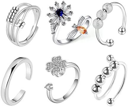 Шарена Bling 6 парчиња/Постави прстени за вознемиреност за жени, прилагодлив вртежен отворен прстен со кубна цирконија, вметната, цветна детелина