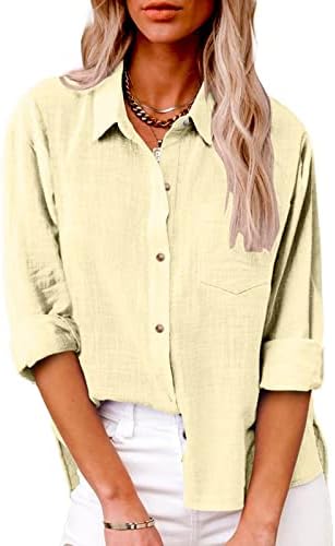 V копче за вратот надолу кошули за жени, маица со долги ракави маица блуза врвови памучни постелнина врвови секси плус големина