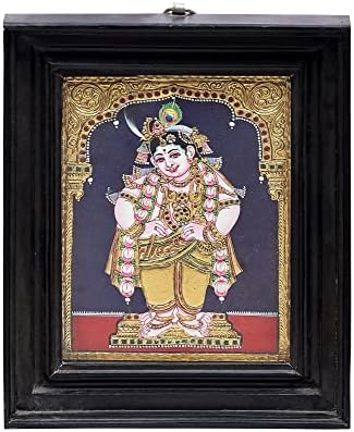 Егзотична Индија 10 x 13 Лорд Кришна Танјоре Сликање | Традиционални бои со 24к злато | Рамка од тиково дрво | Злато и
