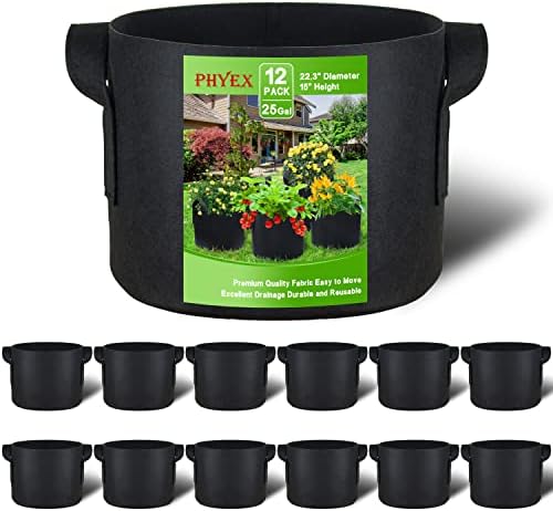 Phyex 12-пакет 25 галон неткаени торби за одгледување, садови за аерација со издржливи рачки, дојдете со етикети со растенија од 12 компјутери
