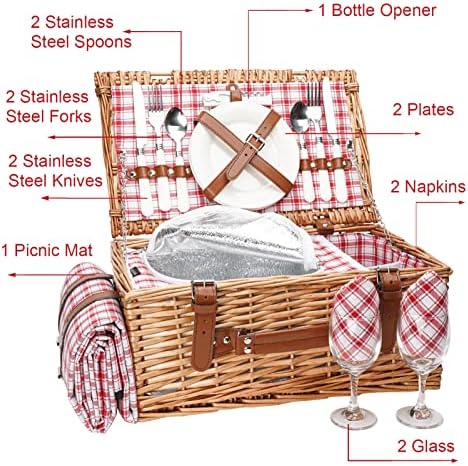 Плетен пикник корпа поставена за 2 лица со водоотпорен пикник ќебе и голем изолиран ладилник, корпа за наметки за пикник со врски со комплети