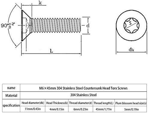 M6-1.0 × 45мм 304 не'рѓосувачки челик бројачи за глава TORX завртки од 20 парчиња, завртки за целосни навој, стандардна глава за погон