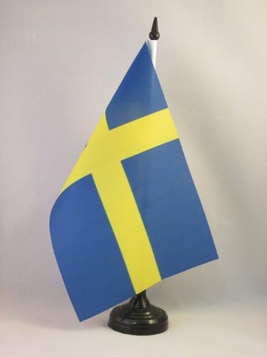 ЗНАМЕ На Аз Шведска Знаме на Маса 5 х 8 - Шведско Биро знаме 21 х 14 см-Црн Пластичен Стап И Основа