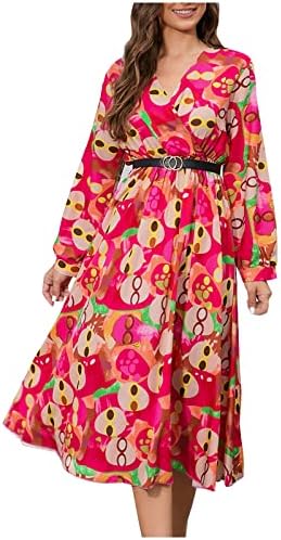 Фустани со есенски Принт За Жени 2022 Мода V Врат Миди Фустан Со Долги Ракави За Работа Фустан Со Плисирана Обвивка Со Висок Струк