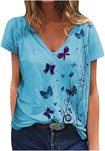 Плус Големина Маици За Жени Лето Повик, Жените Блузи Цветни Графички Маици Краток Ракав Лабава V - Вратот Блуза Блузи