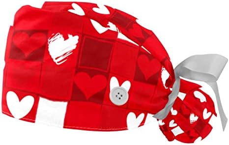 2 парчиња loveубов срце квадратна бела црвена боја работна капа со копчиња и лента за ленти за мажи, кратка долга коса