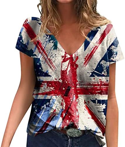 Трендовски кошули за жени со кратки ракави за независност Графички V врат Врв лабава основни блузи кошули Обични маици
