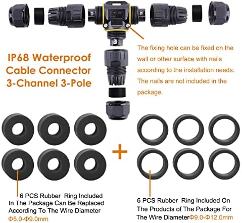 IP68 водоотпорен кабелски конектор 3-канали 3-полики, надворешно конектор за кутии за водоотпорни спојници, идеален за 2 или 3 пински кабли Ø4-12mm,