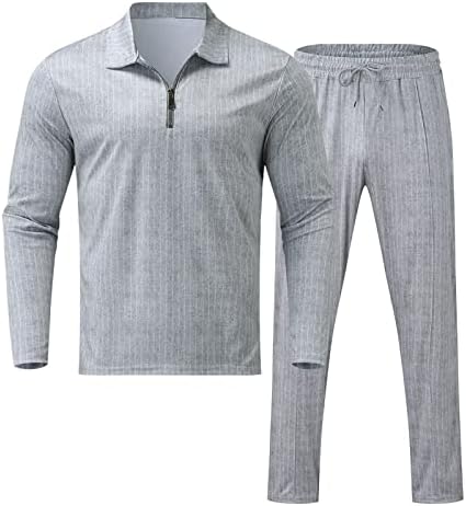 Машка лежерна лента со две парчиња сет патент јака блуза џебни панталони постави моден костум за пари за мажи сива боја