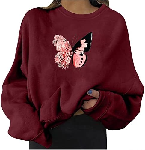 Чунки џемпери за жени гроздобер екипаж на врвови, женски трендовски печати за пеперутка