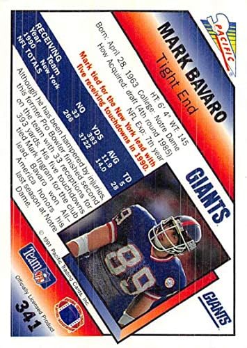 1991 Пацифички фудбал 341 Марк Баваро Newујорк гигант официјална трговска картичка во НФЛ