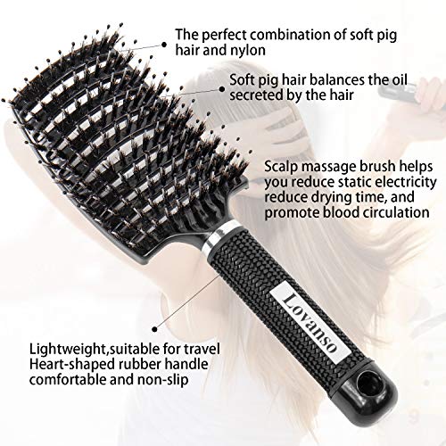 Lубовни четки за влакната за коса, црна заоблена вентилирана вентилирана четка +6pcs професионални клипови за коса за долги, густи,