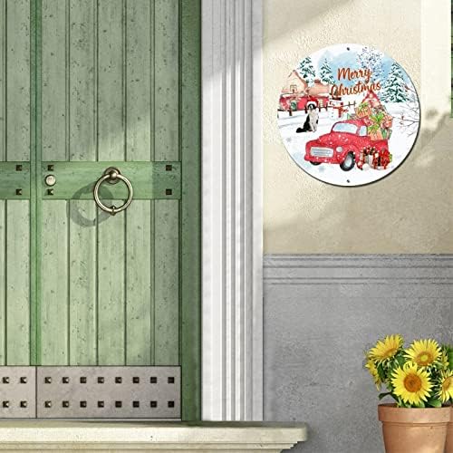 Тркалезен метален знак Среќен Божиќен подарок камион миленичиња куче гроздобер венец знак Декоративен врата врата знак носталгичен метал