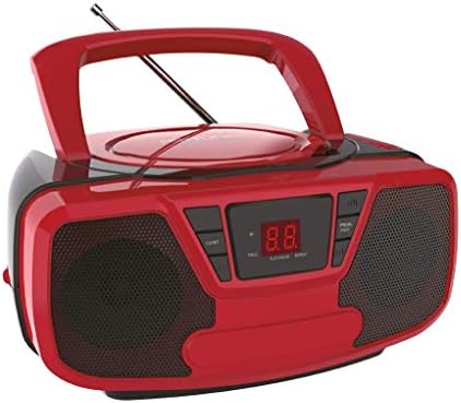 Riptunes CD Player Portable Boombox - AM/FM радио, Bluetooth Boombox со Aux Line -in, црвена и црна