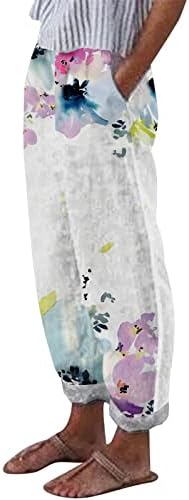 Обични постелнини панталони за жени трендовски цветни печати одмори Бохо Капри Пант Еластична половината памучна постелнина Јога панталони