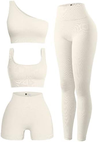 OQQ женски 4 парчиња облека со ребрести вежби за вежбање на вратот Спортски градник Еден рамо врвови со високи шорцеви на половината Активен