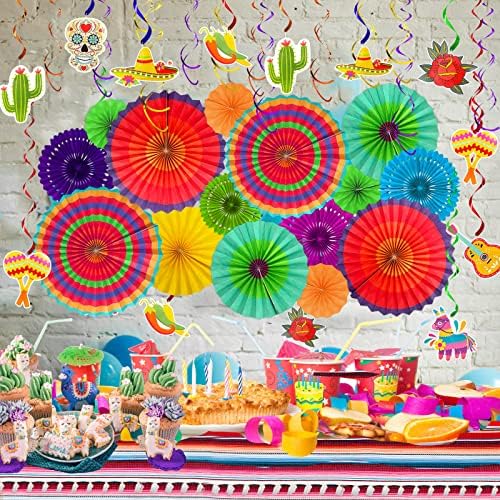 ТУРНМЕОН 46 парчиња Мексикански Украси За Забави За Фиеста, Шарени Вентилатори За Обесена Хартија За Материјали За Забави Во