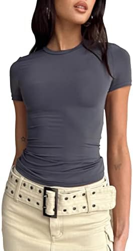 Safrisior жени основни цврсти култури врвни маички со тркалезен врат Краток ракав форма се вклопуваат во тренингот маица јога атлетска трчање