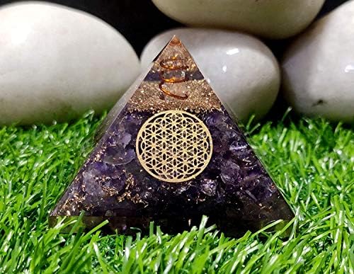 Sawcart аметист оргон кристал пирамида со симбол на цвет на живот за заздравување на реики, балансирање на чакра, чистење на аура, генератор