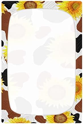Алаза крава печати жолти сончогледни чаршафи со лежишта опремени басинет лист за момчиња бебе девојчиња дете, мини големина 39 x